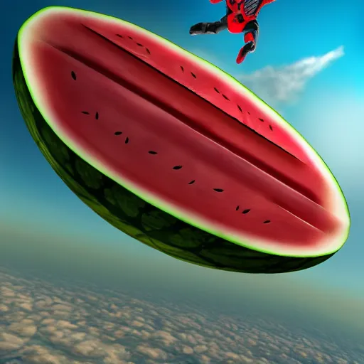 Image similar to A watermelon skydiving from a plane, dynamic lighting, cinematic, ultra detailed, trending on art station