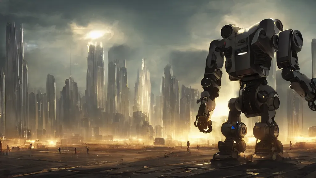 Prompt: Amazing photorealistic digital concept art of a guardian robot in a futurstic city, by James Clyne and Joseph Cross. Cinematic. LED lighting. A bright billowing explosion in the distance. Wide angle. Clean lines. Balanced composition.