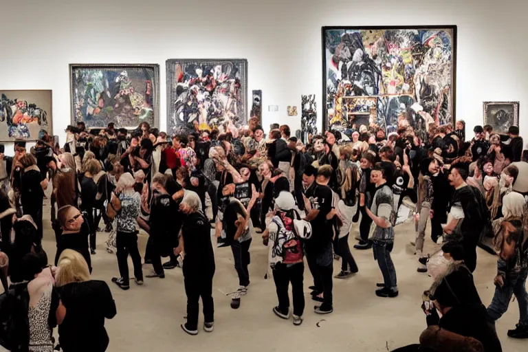 Image similar to a big group of punk people destroying a museum art show