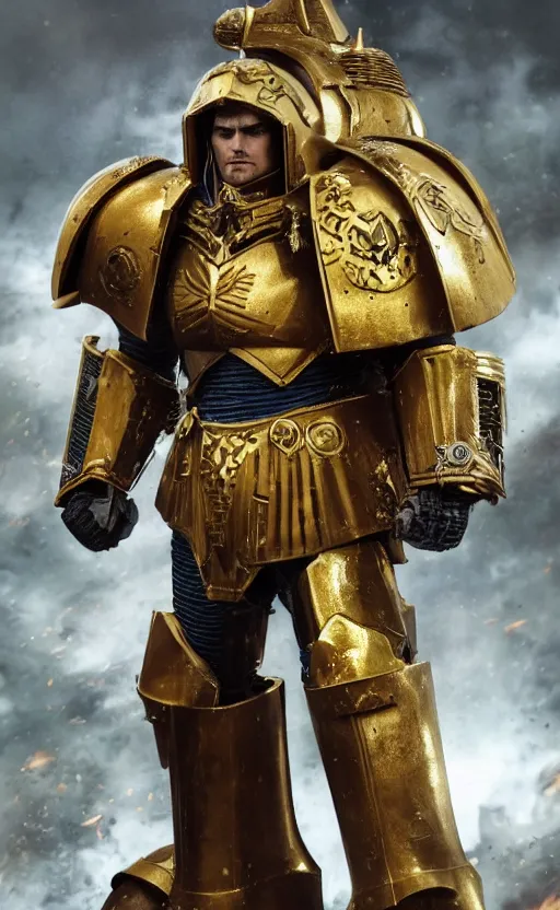 Image similar to Henry Cavill as warhammer 40k Emperor of Mankind dressed in his golden power armor. full-length portrait, beautiful face, long hair, painted by Donato Giancarlo and Annie Liebowitz, fine details, cinematic, highly detailed, octane render