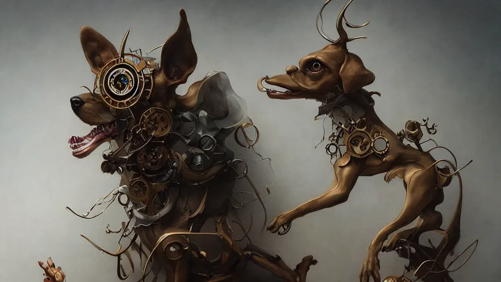 Image similar to a clockwork dog contemplating its existence, in the style of peter mohrbacher by weta digital and beth cavener, masterpiece, award winning, high face symmetry, intricatein the style of peter mohrbacher by weta digital and beth cavener, masterpiece, award winning, high face symmetry, intricate