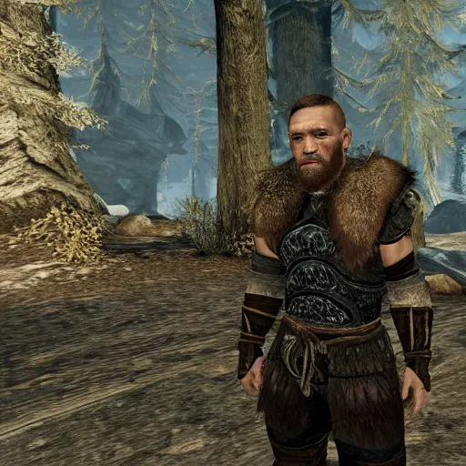 Image similar to character screenshot of conor mcgregor in skyrim, female armor, npc talking, wilderness, 1 0 8 0 p, bokeh, elder scrolls v, detailed, dialog text