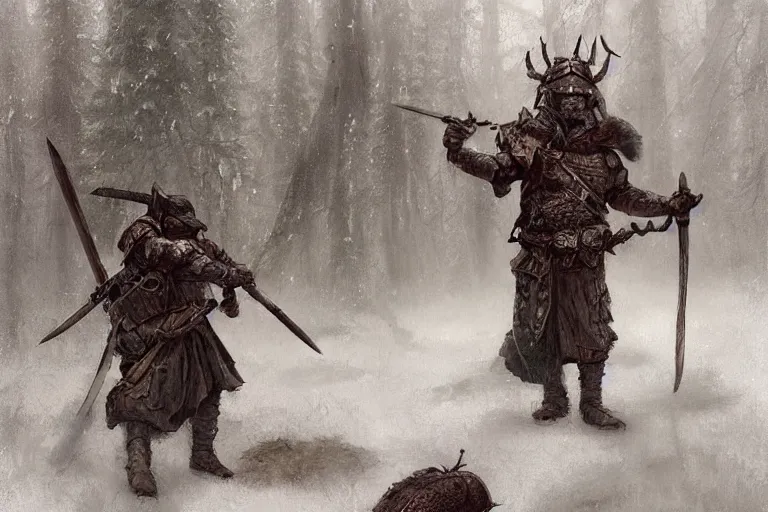 Prompt: sergeant and a phalanx of ashigaru mice, brandishing halberd, inspired by brian froud, in an arctic forest, by greg rutkowski painting
