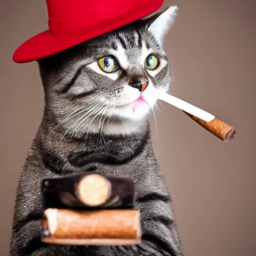 Image similar to cat with red eyes and a hat while holding a gun and smoking a cigar