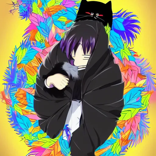 Prompt: anime cat boy dressed in black inside a sleeping bag, psychedelic, highly detailed upper body, professionally post - processed, beautiful, epic, anime masterpiece, ilya