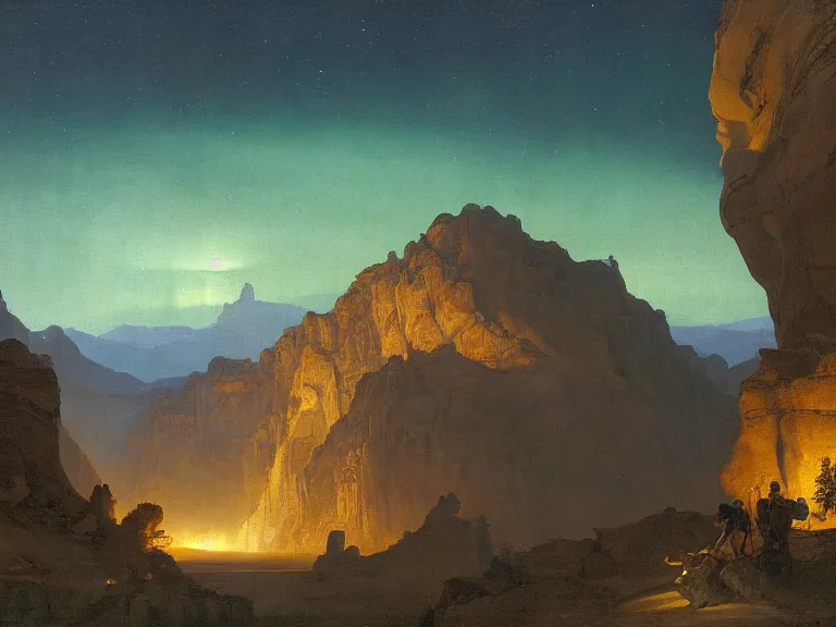 Image similar to an oil painting of a canyon on an alien planet with a distant mountain at dusk with aurora lighting up the sky by carl spitzweg and tuomas korpi. baroque elements, full-length view. baroque element. intricate artwork by caravaggio. Trending on artstation. 8k