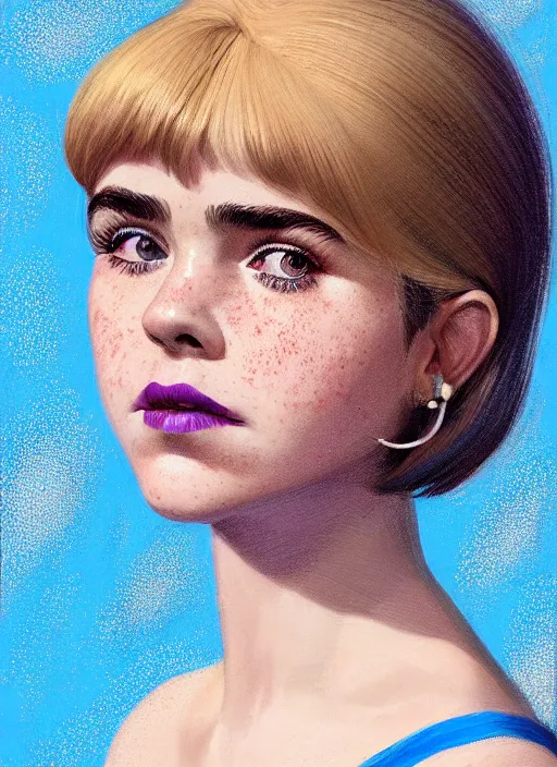 Image similar to portrait of kiernan shipka with freckles, white hair, big 1 9 6 0 s bob hairstyle with bangs and hairband, blue 1 9 6 0 s dress, intricate, elegant, glowing lights, highly detailed, digital painting, artstation, concept art, smooth, sharp focus, illustration, art by wlop, mars ravelo and greg rutkowski