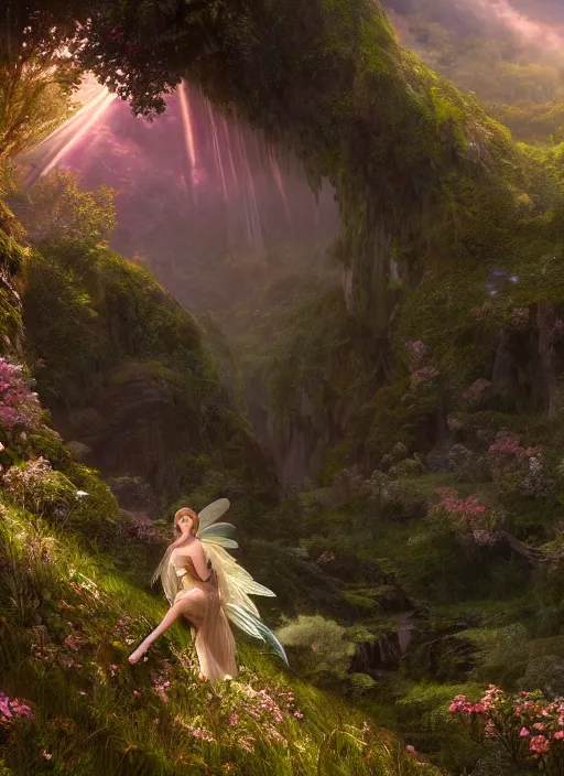 Image similar to an elegant fairy with wings of lace looking at a lord of the rings scenery landscape, vast lush valley flowers and wood structures, stream, sunrise, god's rays highly detailed, vivid color, cinematic lighting, perfect composition, 8 k, gustave dore, derek zabrocki, greg rutkowski, belsinski, octane render