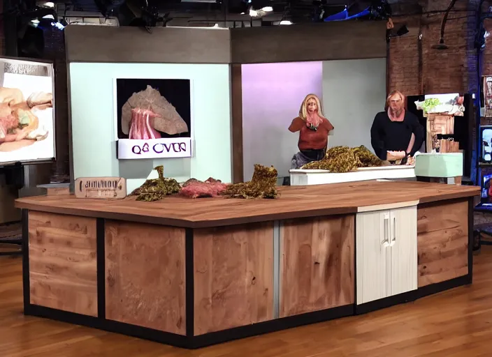 Image similar to qvc tv show product showcase nasty meat men beast raw flesh, studio lighting, limited time offer, graphics $ 9 9 call now