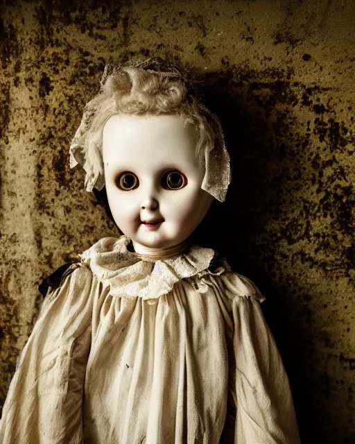 Image similar to closeup portrait of a creepy antique porcelain doll wearing a dirty dress with long wet black hair standing in a dimly lit filthy room in an abandoned old asylum at night, 8k octane render, cinematic, dramatic lighting, volumetric lighting, vintage photo, (1890)
