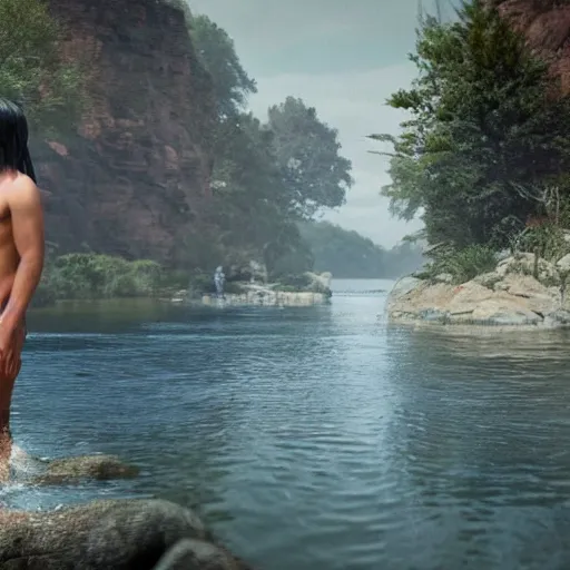 Image similar to hyperrealistic film full body still of young native american bathing in river, inspired by istvan sandorfi & greg rutkowski & unreal engine, perfect facial symmetry, dim volumetric cinematic lighting, 8 k octane comprehensive render, extremely hyper - detailed, incredibly lifelike attributes, intricate, real flesh texture, masterpiece, artstation, stunning,