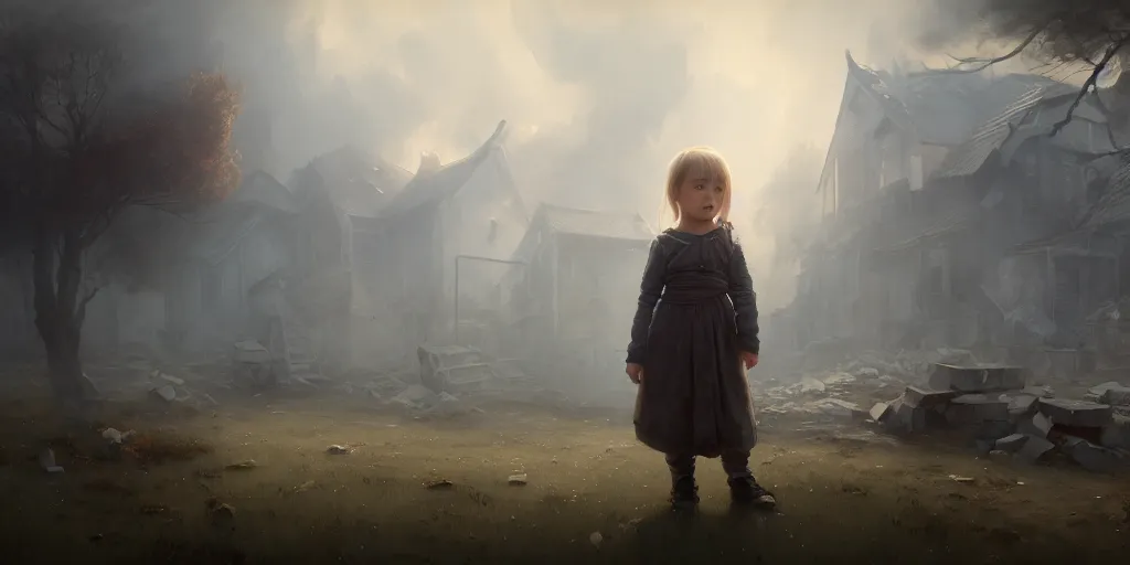 Image similar to big - eyed nordic sweet little girl looking sad in front of bombed house, extremely detailed digital painting, in the style of fenghua zhong and ruan jia and jeremy lipking and peter mohrbacher, mystical colors, rim light, beautiful lighting, 8 k, stunning scene, raytracing, octane, trending on artstation