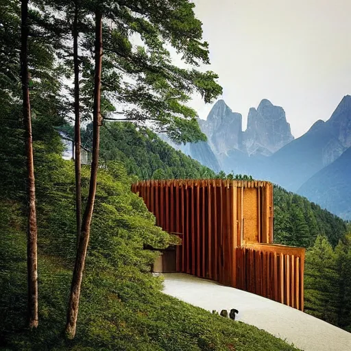 Prompt: lush and beautiful green mountain landscape, with a brutalist futuristic building, architecture, unpainted concrete, swiss alps, dolomites, by aalto alvar, by ando tadao, by chipperfield david, frank lloyd wright, by peter zumthor