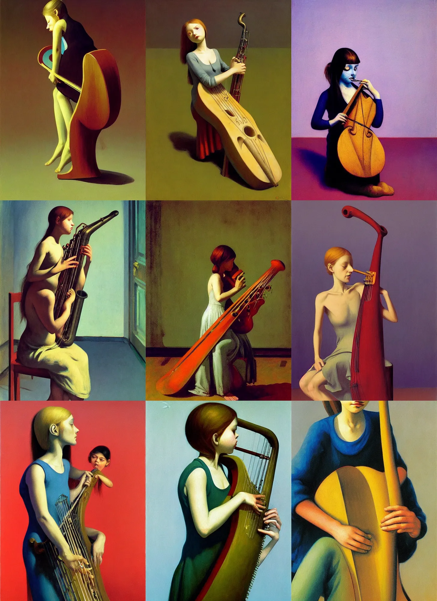 Prompt: girl in rags playing a contrabass balalaika, Edward Hopper and James Gilleard, Zdzislaw Beksinski, Mark Ryden, Wolfgang Lettl highly detailed, hints of Yayoi Kasuma