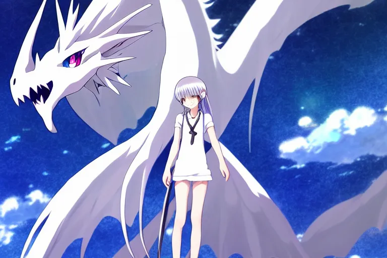 Prompt: anime art full body portrait character concept art, be surrounded by a huge silver white dragon center, lie on white clouds fairyland, anime key visual of white dragon and girl, finely detailed perfect face delicate, distant, style of raphael lacoste, trending on pixiv fanbox, james jean, studio ghibli, xision, extremely high quality artwork