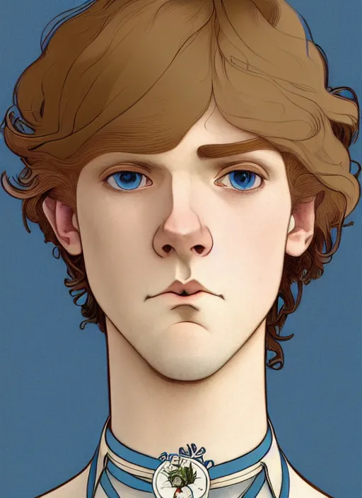 Image similar to art nouveau portrait of a pretty young man with short light brown straw blond hair, light blue eyes, sad expression, scared, head down, shy and demure, wearing a choker collar, natural lighting, path traced, highly detailed, high quality, cartoon, digital painting, by don bluth and ross tran and studio ghibli and alphonse mucha