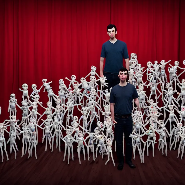 Prompt: focused dslr medium shot photograph of nathan fielder standing in front of dozens of nathan fielder puppets on strings from nathan for you on comedy central on a stage with a red curtain, meta, fractal, trippy, high detail!!! 8 k!!!!, photorealism!!!, sharp focus!!! coherent!!!