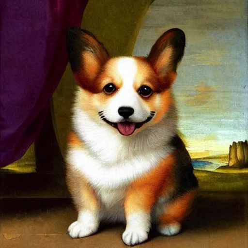 Image similar to a cute little corgi, renaissance painting, high quality, bright colors