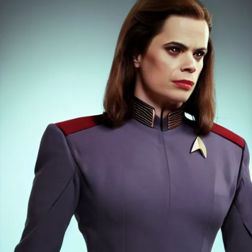 Image similar to a beautiful full body photograph of younger hayley atwell as a star fleet officer from star trek next generation, full dress uniform, symmetrical face, extreme realism and detail, 8 k, completely framed, direct lighting, 3 5 mm photo, photorealistic, sharp focus