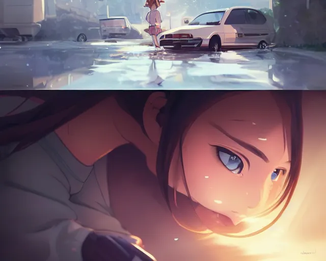 Image similar to a brunnete girl with blue eyes and puffy cheeks lying in a car accident, long shot from the top, anime art, Greg Rutkowski, studio ghibli, dramatic lighting