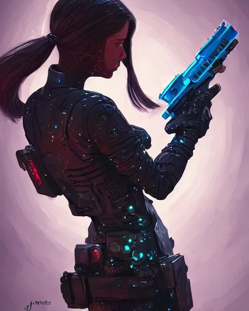 Image similar to A cybernetic witch wielding two Glock pistols, bust shot, smooth, intricate, elegant, power aura, digital painting, artstation, concept art, high tech fantasy, sharp focus, illustration, art by James Jean