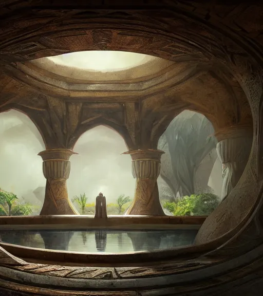 Image similar to fantasy movie scene greg rutkowski digital painting of an ornate and royal egyptian antechamber tomb, a circular pool with a galaxy inside, unreal engine, hyper realism, realistic shading, cinematic composition, blender render, octane render, hdr, detailed textures, photorealistic, ultrawide shot, 3 5 mm film