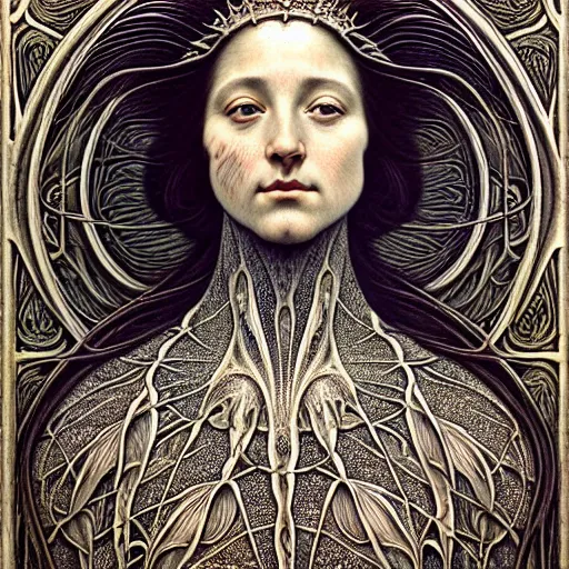 Image similar to detailed realistic beautiful young medieval queen face portrait by jean delville, gustave dore, iris van herpen and marco mazzoni, art forms of nature by ernst haeckel, art nouveau, symbolist, visionary, gothic, neo - gothic, pre - raphaelite, fractal lace, intricate alien botanicals, ai biodiversity, surreality, hyperdetailed ultrasharp octane render