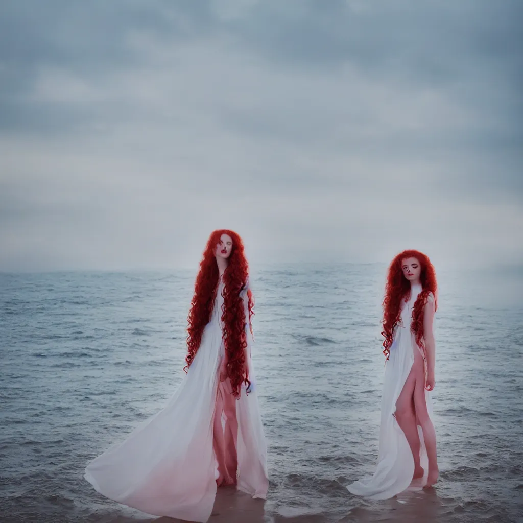 Prompt: a portrait photography of with red long curly hair and full body dress in white by Flora Borsi, stand up with the sea behind, soft sunset lighting, pastel colors scheme, fine art photography, dramatic backgroung, 50 mm sigma art