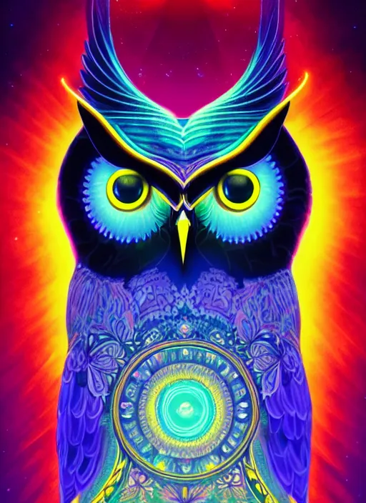 Image similar to symmetry!! product render poster vivid colors divine proportion owl, forest, glowing fog intricate, elegant, highly detailed, digital painting, artstation, concept art, smooth, sharp focus, illustration,