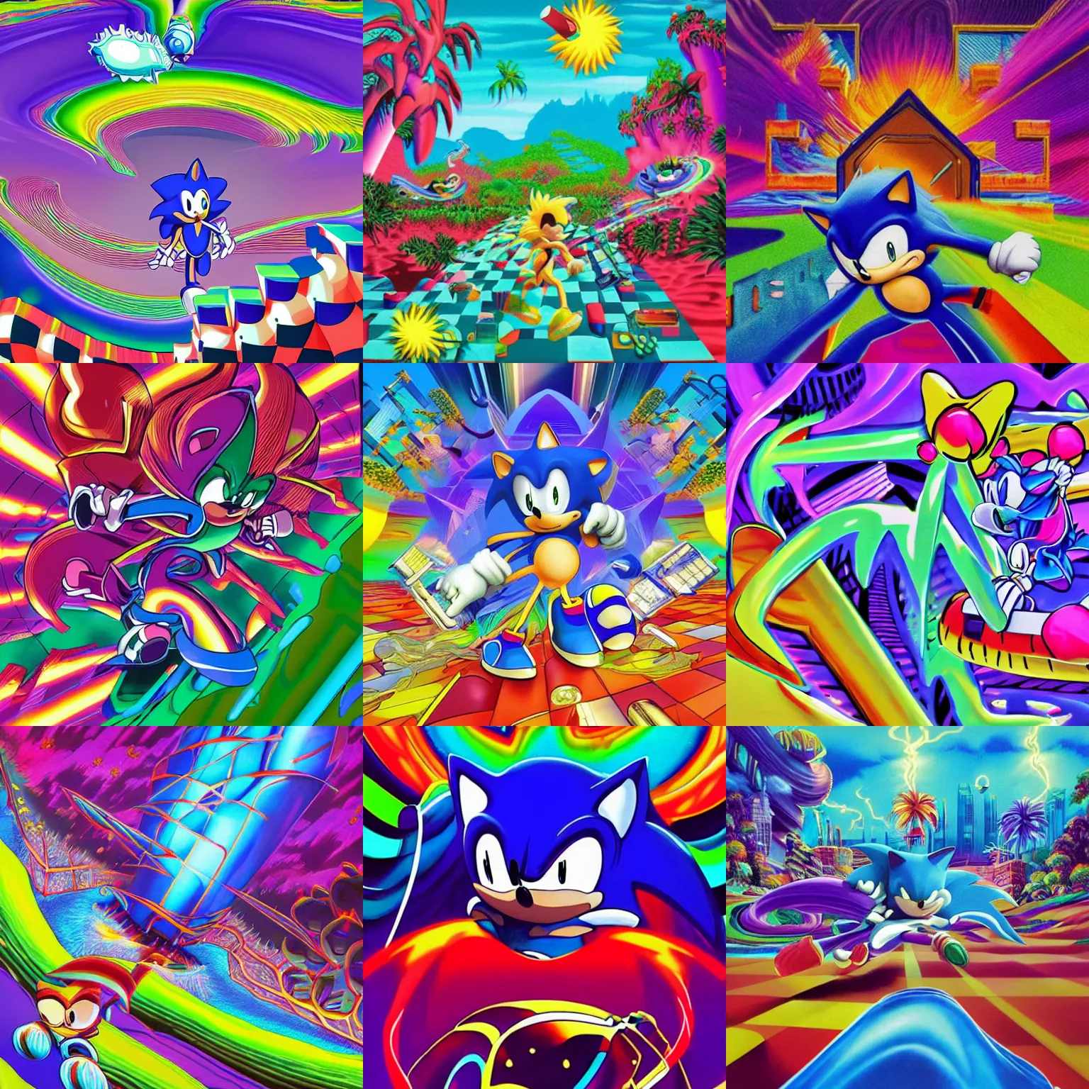 Prompt: sonic the hedgehog in a recursive surreal, sharp, detailed professional, high quality airbrush art MGMT tame impala album cover of a liquid dissolving synthwave vaporwave LSD DMT sonic the hedgehog surfing through cyberspace, purple checkerboard background, 1990s 1992 Sega Genesis video game album cover,