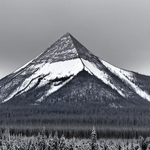 Image similar to a large taiga with a huge pyramid in it. snow capped mountains are in the background. overcast sky, snowing, grainy.