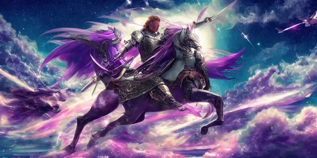 Image similar to A knight holding a sword while riding in a Pegasus through the galaxy, vaporwave, 4K, highly detailed