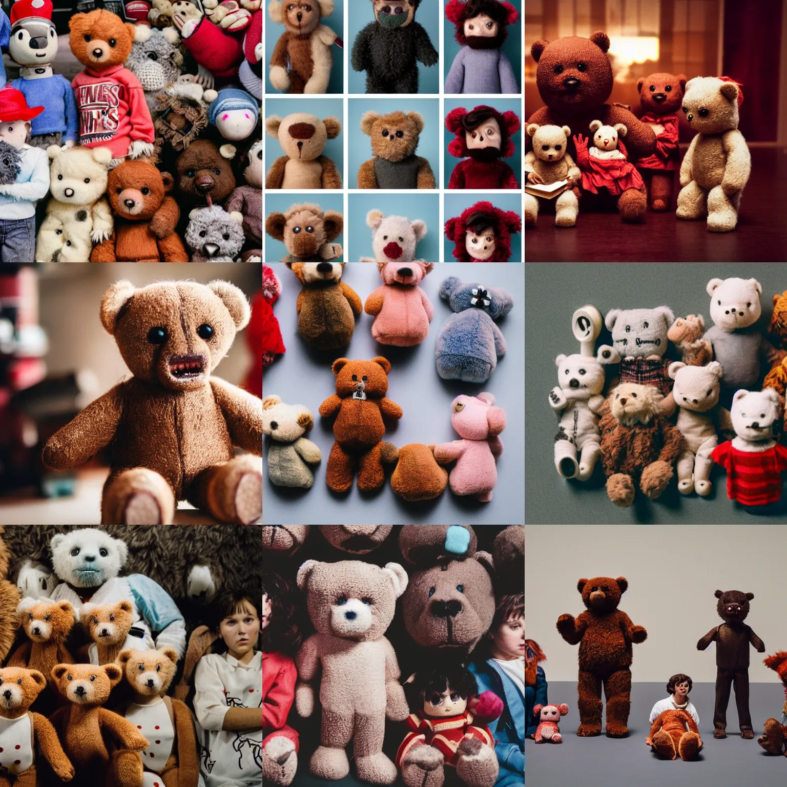 Prompt: Teddy bears as monsters in Stranger Things, 35mm photography