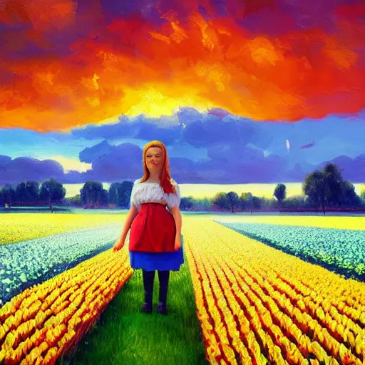 Image similar to dutch girl with singular giant tulip as a head, surreal photography, flower field, sunset dramatic light, impressionist painting, colorful clouds, blue sky, digital painting, artstation, simon stalenhag