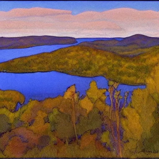 Prompt: by milo manara improvisational, meticulous cool yellow. the computer art of two lakes in connecticut, with mountains in the distance.