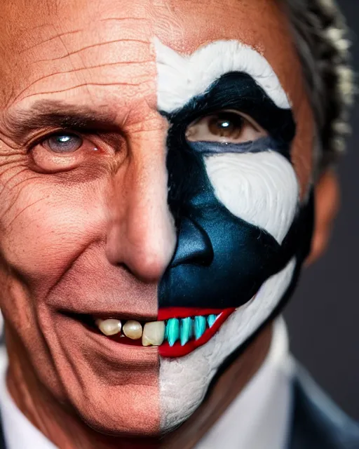 Image similar to Mauricio Macri in Elaborate Cat Makeup and prosthetics designed by Rick Baker, Hyperreal, Head Shots Photographed in the Style of Annie Leibovitz, Studio Lighting, Mauricio Macri as the Joker