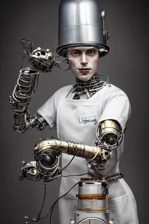 Prompt: a beautiful ultradetailed vintage photo of a futuristic cybernetic cyborg male wearing a tall white chef hat and an apron, by tom bagshaw and natalie shau, portrait, 3 5 mm lens, golden ratio composition, detailed face, studio photography, very detailed, humanoids, industrial robots, artstation, 8 k, highly coherent