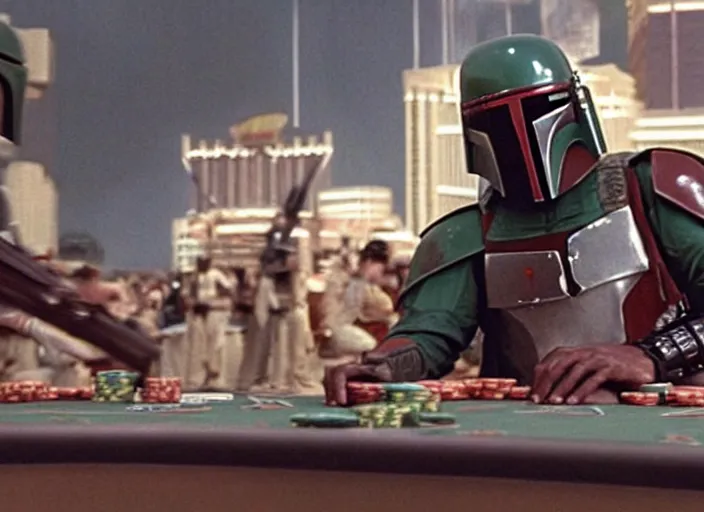 Image similar to film still of Boba Fett gambling in vegas in the Phantom Menace 1999