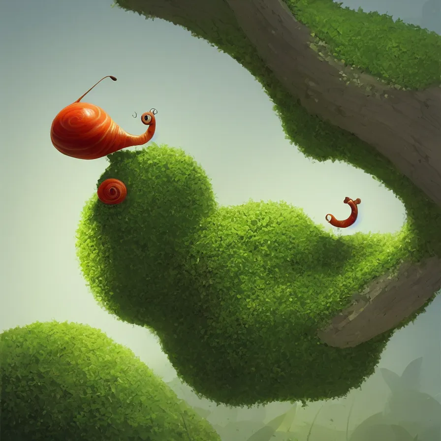 Prompt: A snail climbing the highest green branch of the entire bonnet, ilustration art by Goro Fujita, concept art, smooth, sharp focus, ArtStation