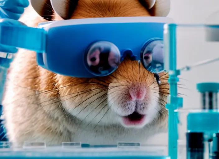 Image similar to film still of a hamster wearing goggles working in a research lab finding the cure for cancer, 8 k