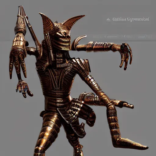 Prompt: a detailed 3 d render of a frightening egyptian demon wearing cyberpunk warrior armor in the style of stephen gammall and escher, william blake, rembrandt, raphael, giger, junji ito, artstation, crisp image, award - winning art, 8 k, vivid color scheme, tilt shift focus, cinematic