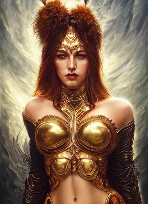 Image similar to a highly detailed symmetrical painting of a furious female amazon with piercing beautiful eyes, trending on artstation, deviantart, art by artgerm and karol bak and mark brooks