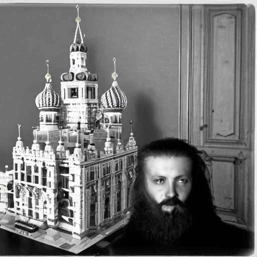 Image similar to ivan the terrible in his palace in moscow play with lego castle, kodak, old photo, black and white, film, wide lens, 1 6 mm,