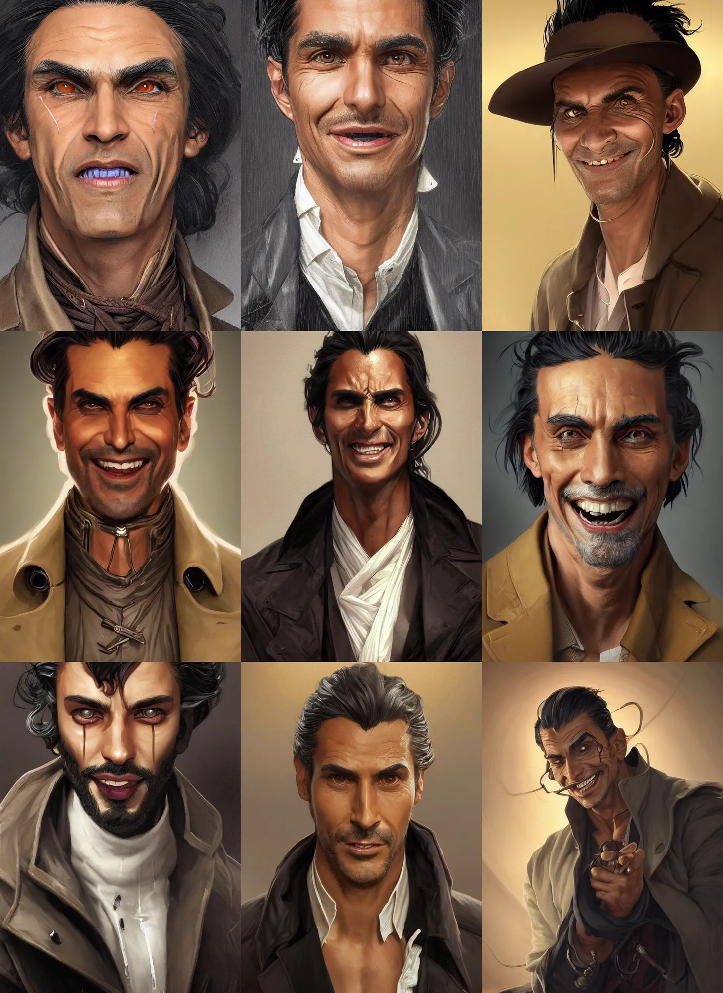 Image similar to Close-up portrait of tanned evil male alchemist with long black greying slicked hair, unsettling grin, trench coat with many pockets, portrait, highly detailed, digital painting, artstation, concept art, sharp focus, illustration, art by artgerm and greg rutkowski and alphonse mucha