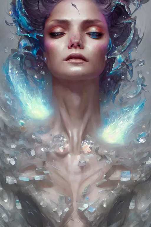 Prompt: torso closeup model wearing exploding crystal white dress, sorcerer, diamonds, angel, fantasy, dramatic lighting, highly detailed, digital painting, holding electricity, magic the gathering, hyper detailed, 3 d render, hyper realistic detailed portrait, peter mohrbacher, wlop, ruan jia