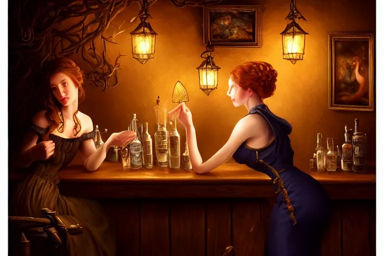 Image similar to a beautiful barmaid, dimly lit cozy tavern, relaxed pose, fantasy, intricate, elegant, dramatic lighting, emotionally evoking symbolic metaphor, highly detailed, lifelike, photorealistic, digital painting, artstation, concept art, smooth, sharp focus, illustration, art by John Collier and Albert Aublet and Krenz Cushart and Artem Demura and Alphonse Mucha, epic composition, grim yet sparkling atmosphere, dim volumetric lighting, 8k octane beautifully detailed render, post-processing, extremely hyperdetailed, cinematic lighting + masterpiece, trending on artstation