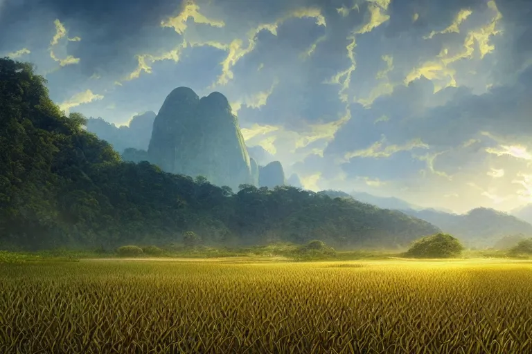 Image similar to a beautiful landscape illustration of Gunung Jerai, Yan, Malaysia with a paddy field, dramatic sky, cinematic lighting, wide angle, sunrise, award winning, 8K realistic art by artgerm and greg rutkowski and alphonse mucha