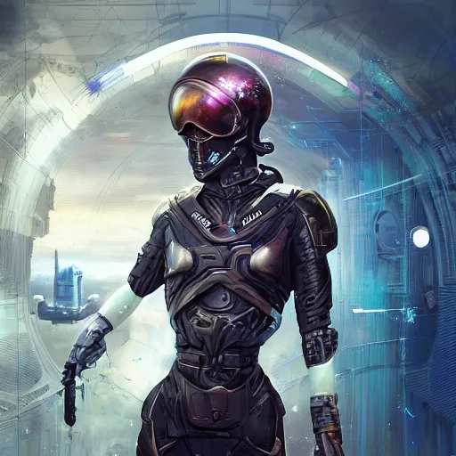 Prompt: Futuristic female soldier with open helmet in armour, machine city background with alien plants, upper body portrait, highly detailed, fractals, ornate, cinematic, 8k, by Stanley Artgermm, Tom Bagshaw, Greg Rutkowski, Vincent di Fate, Carne Griffiths, Ayami Kojima, trending on DeviantArt, hyper detailed, full of color, digital art,