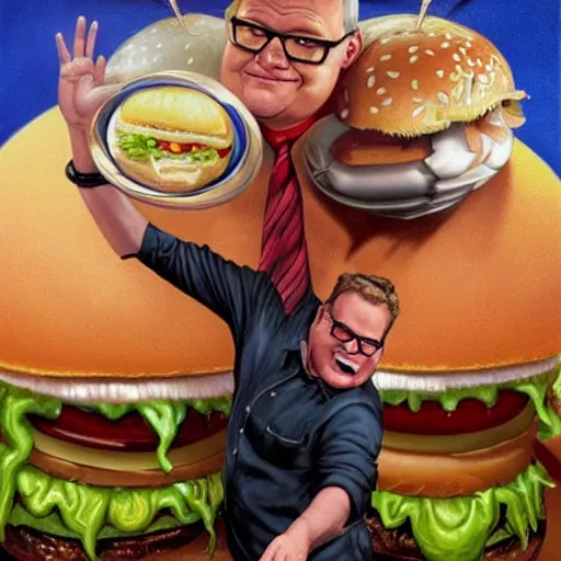 Prompt: portrait of drew carey being eaten by a giant hamburger. painting by karol bak, greg hildebrandt, and mark brooks, hauntingly surreal, gothic, rich deep colors.