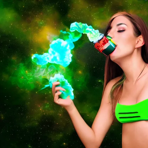 Prompt: 4 k photo of girl in bikini flying in space and smoke green bong, background in space